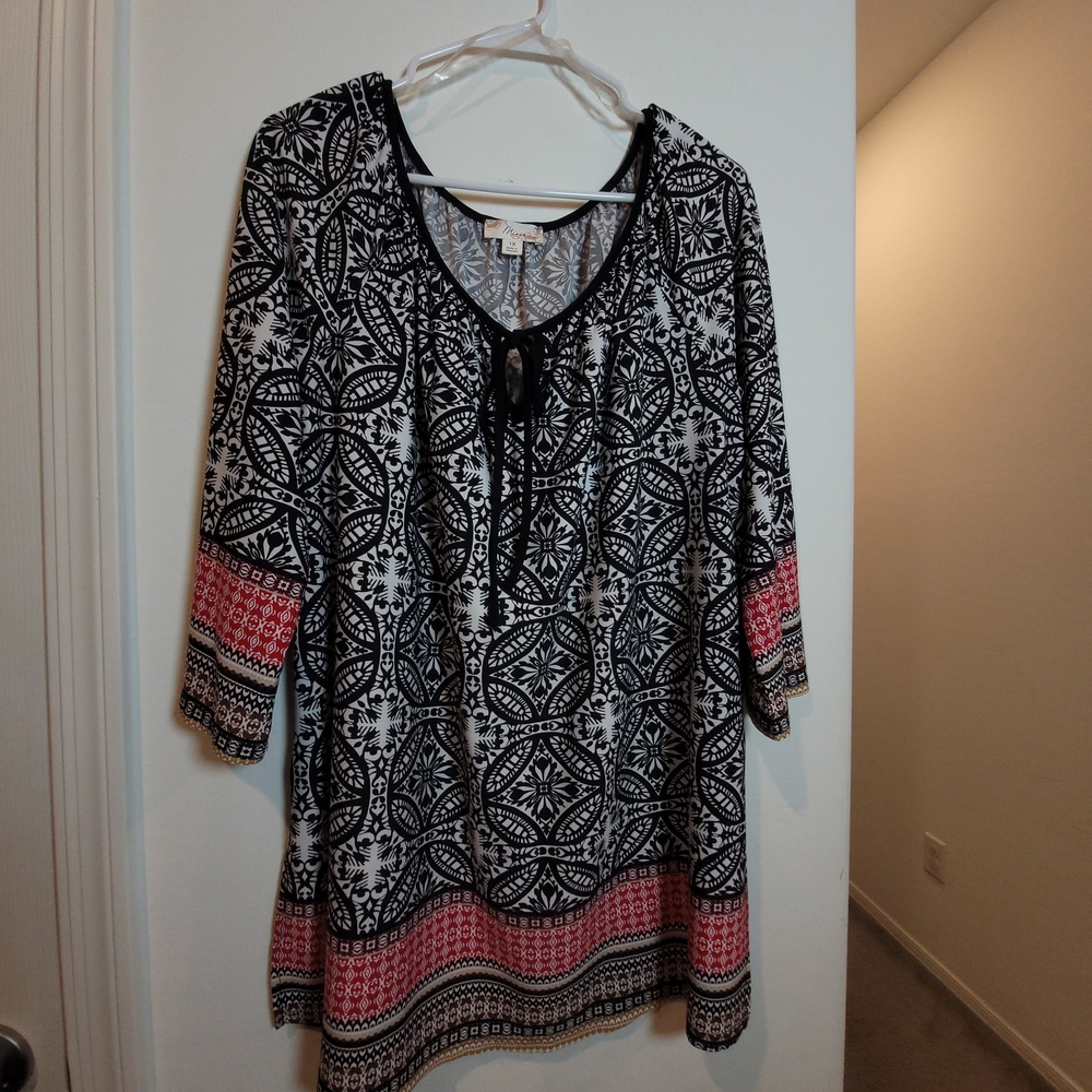 Misia Black and White Casual Dress with Tie Front and 3/4 Sleeves